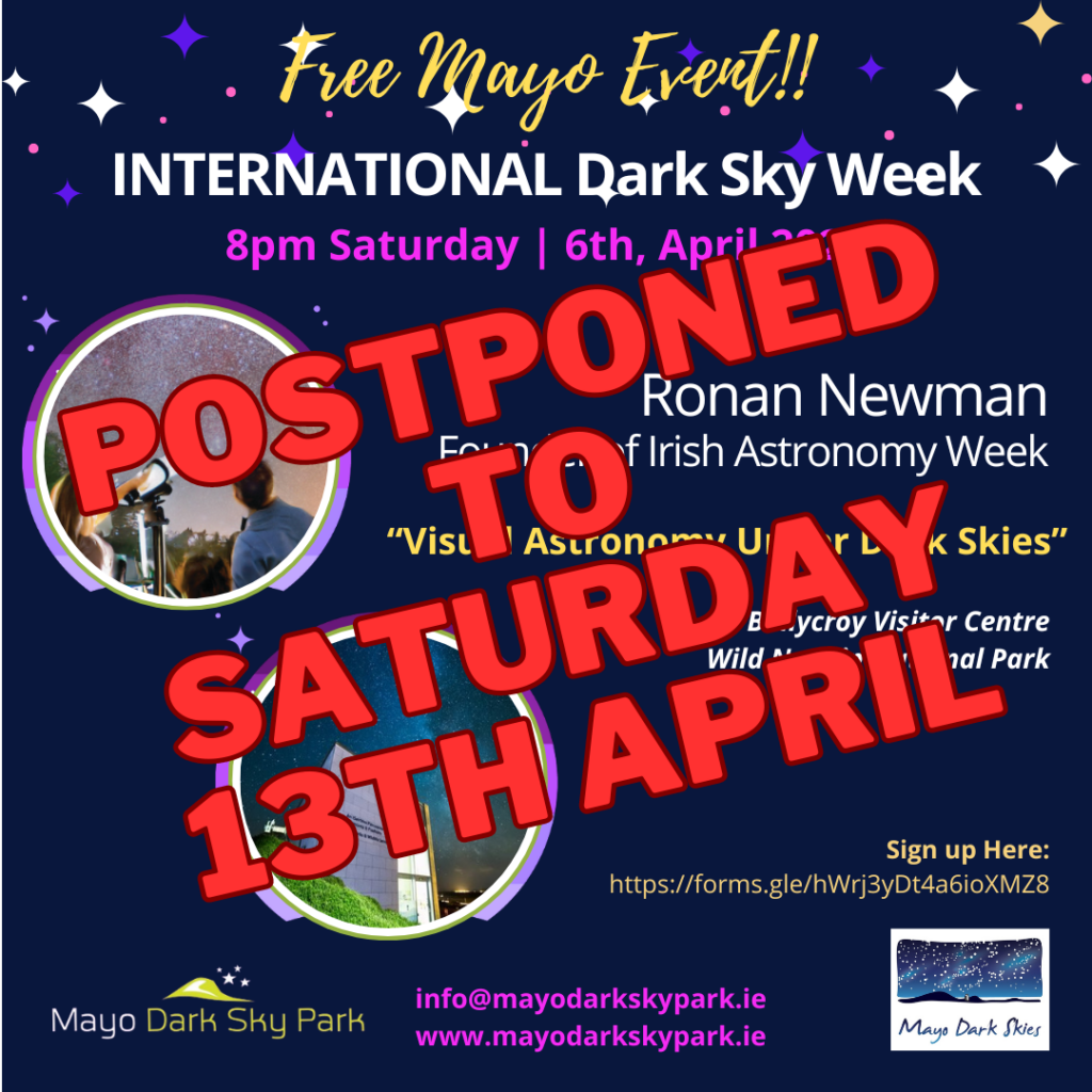 International Dark Sky Week event Postponed to 13th April 